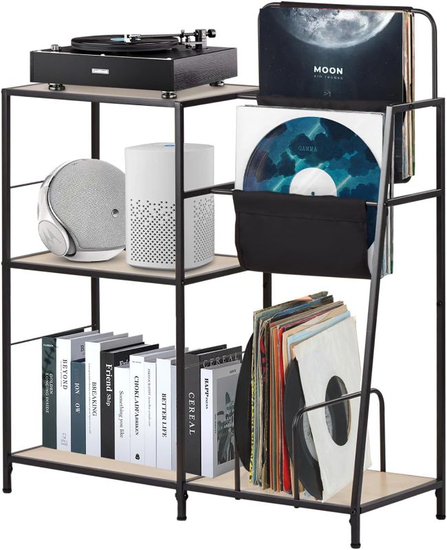 Photo 1 of 3 Tier Record Player Stand with Vinyl Storage, Turntable Stand with Display Shelves for CD Album, Record Holder Cabinet Magazine Rack Side Table for Living Room, Bedroom,Office, White Maple