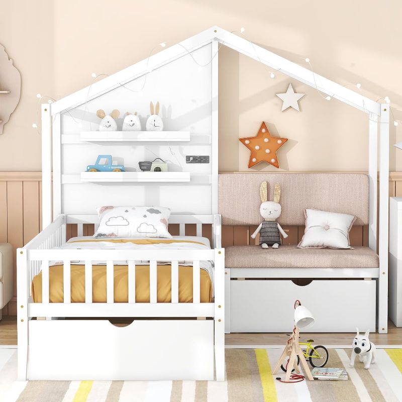 Photo 1 of 
Box 2 of 2**Photo for Reference Only**Harper & Bright Designs Kids Twin House Bed Frame with Upholstered Sofa, 2 Drawers and Charging Station, Wood Montessori Bed with LED Light and Shelves,...