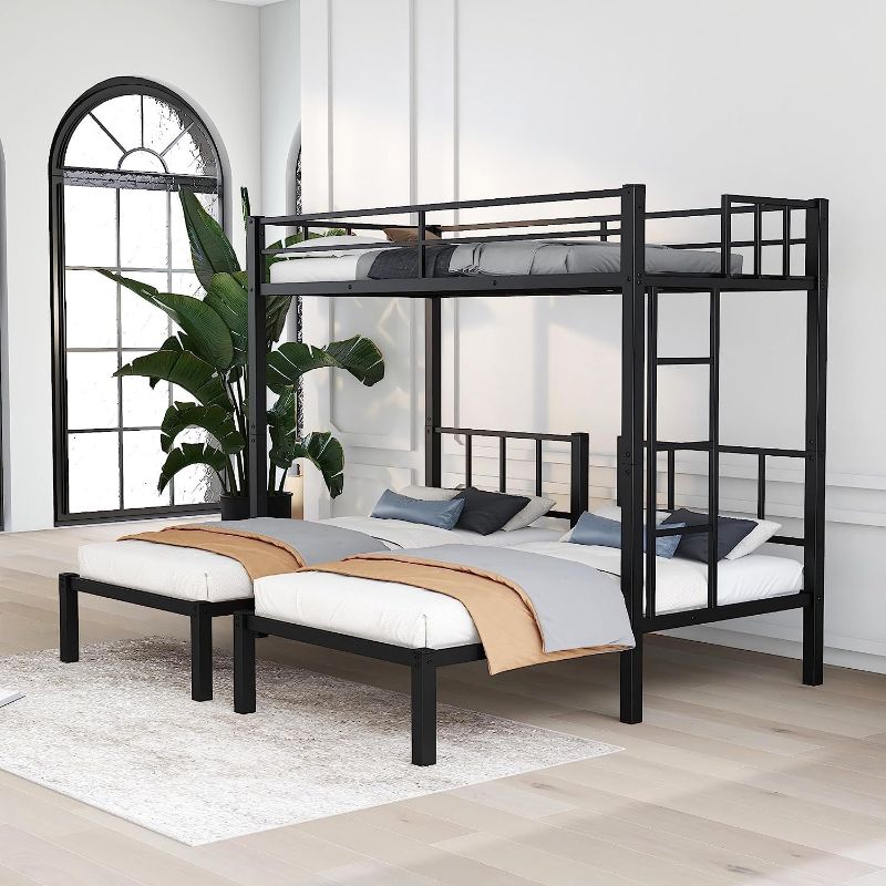 Photo 1 of *MISSING PARTS* Metal Triple Bunk Bed for 3, Twin over Twin&Twin Size Bunk Bed with Built-in Shelf, Can be divided into 3 Separate Bed, Heavy-Duty Steel Frame Bunk Bed with Safety Rail, for Kids Teens Adults (Black)
