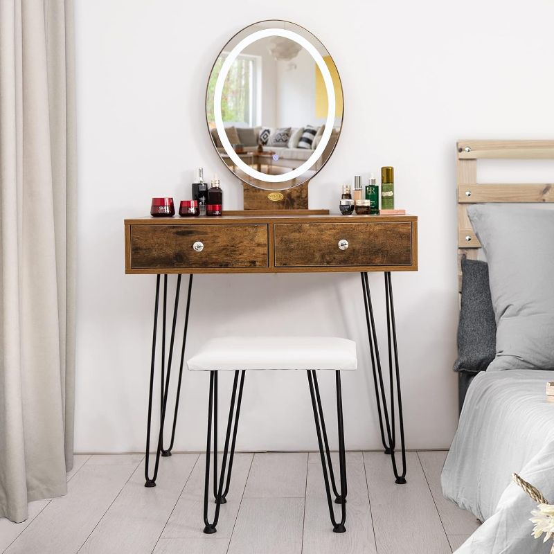 Photo 1 of *MISSING HARDWARE* VIVOHOME Industrial Vanity Set with 3-Color Lighted Mirror and Acrylic Makeup Organizer, Dressing Table with PU Cushioned Stool
