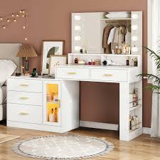 Photo 1 of *DAMAGED* Makeup Vanity with Lights and Charging Station, Black Vanity Desk with Mirror and Lights, Makeup Table with 5 Drawers and Shelves, Vanity Mirror with Lights Desk, White
