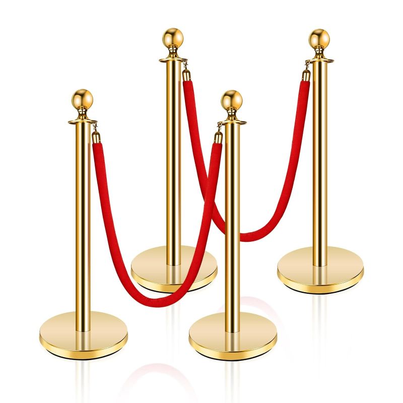 Photo 1 of *MISSING PARTS* Stainless Steel Stanchion Post,5 FT Red Carpet Ropes, Stanchion Post with Ball Top, Hollow Base and Velvet Ropes Safety Barriers Set for Party.
