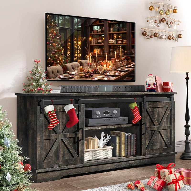 Photo 1 of * Missing Hardware* YITAHOME TV Stand for 65 55 Inch TV, Farmhouse Entertainment Center with Storage Cabinet and Sliding Barn Doors, Rustic TV Cabinet Media Console Table for Living Room, Dark Rustic Oak
