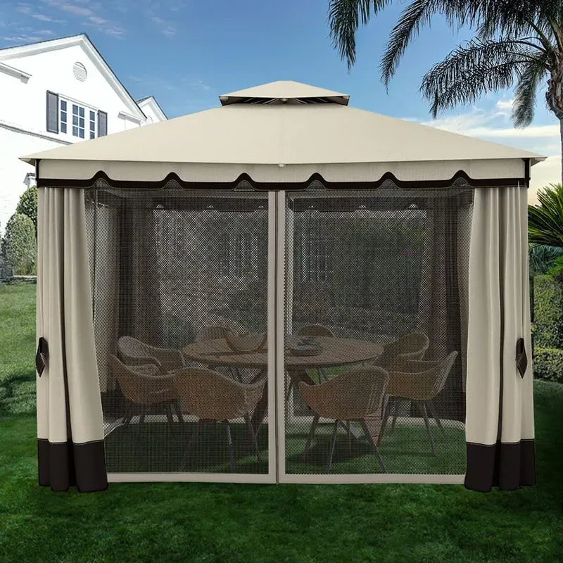 Photo 1 of 10x12ft Outdoor Double Roof Gazebo Canopy Metal Frame with Mosquito Netting Khaki
