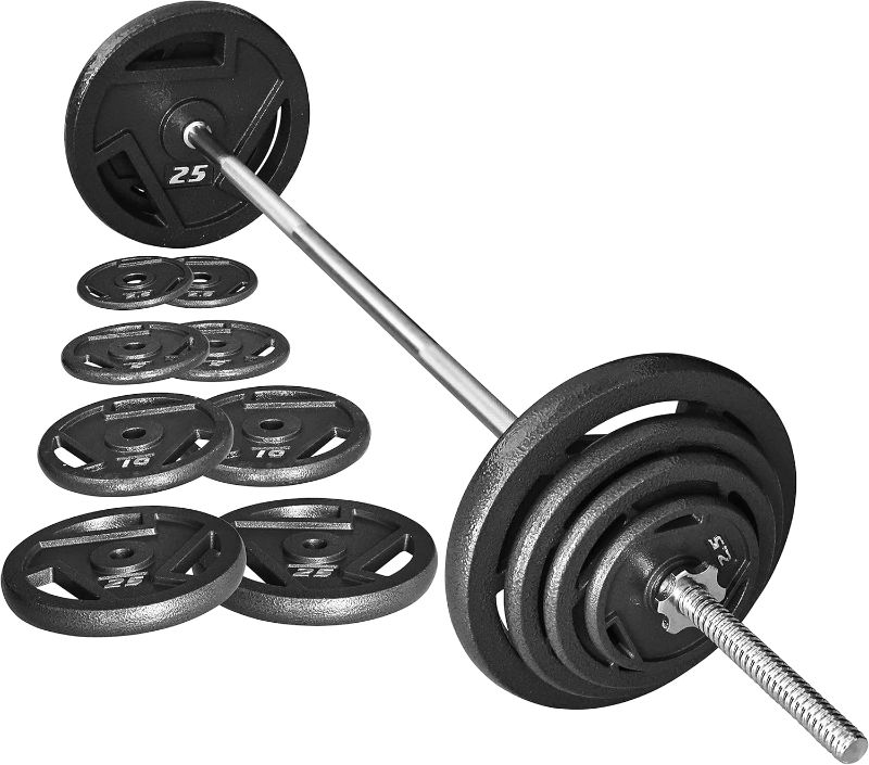 Photo 1 of * SEE NOTES* Cast Iron Standard Weight Plates Including 5FT Standard Barbell with Star Locks, 95-Pound Set (85 Pounds Plates + 10 Pounds Barbell), Multiple Packages
