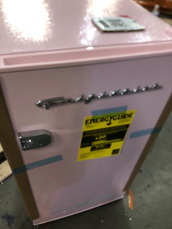 Photo 2 of * SEE NOTES* Frigidaire Retro Compact Fridge with Chiller, 3.2 cu ft Countertop Fridge with Built-In Bottle Opener, Compact Refrigerator for Office, Bedroom, Dorm Room or Cabin - 16.5"D x 19"W x 31"H (Pink) PINK Single Door Fridge