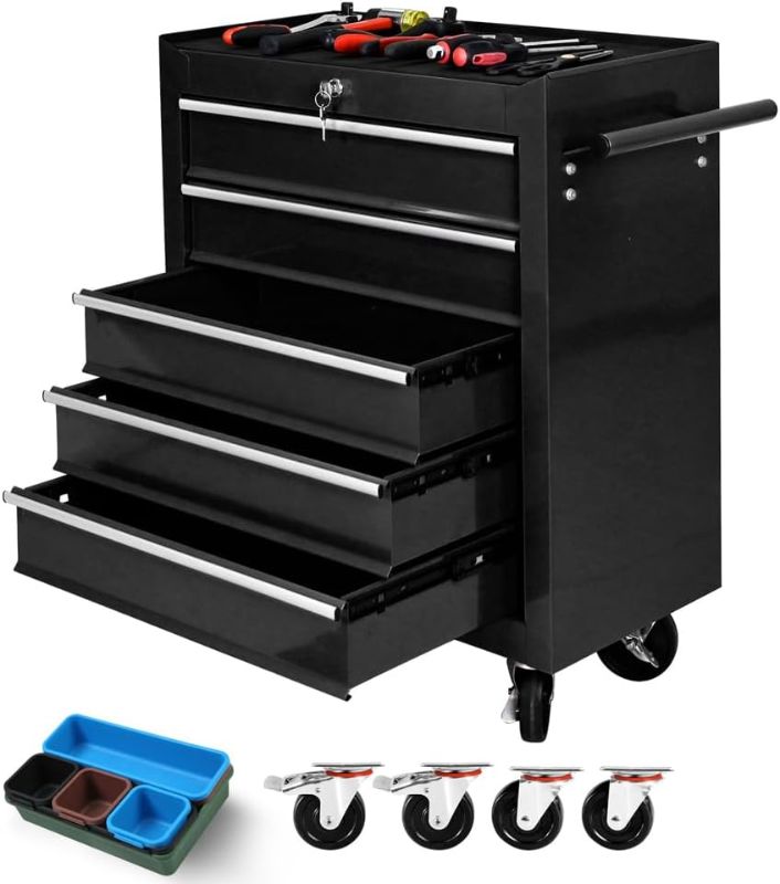 Photo 1 of  Tool Chest With Wheels,Metal Locking Rolling Tool Box With Tool Organizer Trays for Tool Storage Organizer,Garage,Portable Standing Mechanic Toolbox for Garage (5 Drawer Tool Box Black, 5 Drawer)
