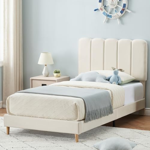 Photo 1 of * ONLY BOX 2 OF 2* Beige Twin Bed Frame for Girls, Twin Size Velvet Upholstered Bed Frame with Headboard, No Box Spring Needed, Wooden Slats Support, Easy Assembly
