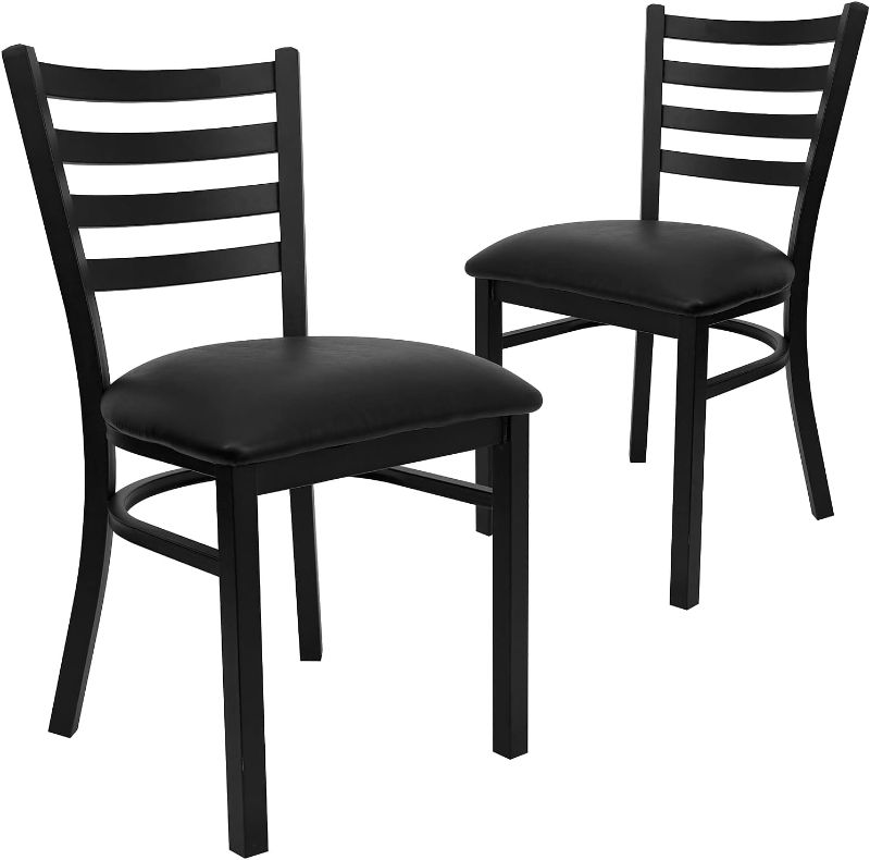 Photo 1 of * Missing Parts* Ladder Back Restaurant Chairs, Modern Lightweight Metal Dining Chairs with Padded Seats, Set of 2, Black
