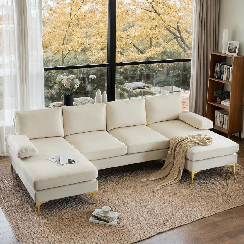 Photo 1 of * MISSING PARTS ONLY ONE SECTION*VINGLI 110" Modern U Shaped Sectional Couch with 51"D Double Chaise for Living Room, Beige Deep Seat Sectional Sofa Sets with 5.9" Thickness Seating Padding for Home Furniture,Linen Fabric,Metal Legs
