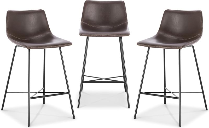 Photo 1 of * NEW* Poly and Bark Counter Stool 24 inches - Counter Height Bar Stools Set of 3 - Sturdy Kitchen Stools with Backs - Comfortable Bar Chair - Modern Countertop-High Chairs, Kitchen Island Barstools – Brown
