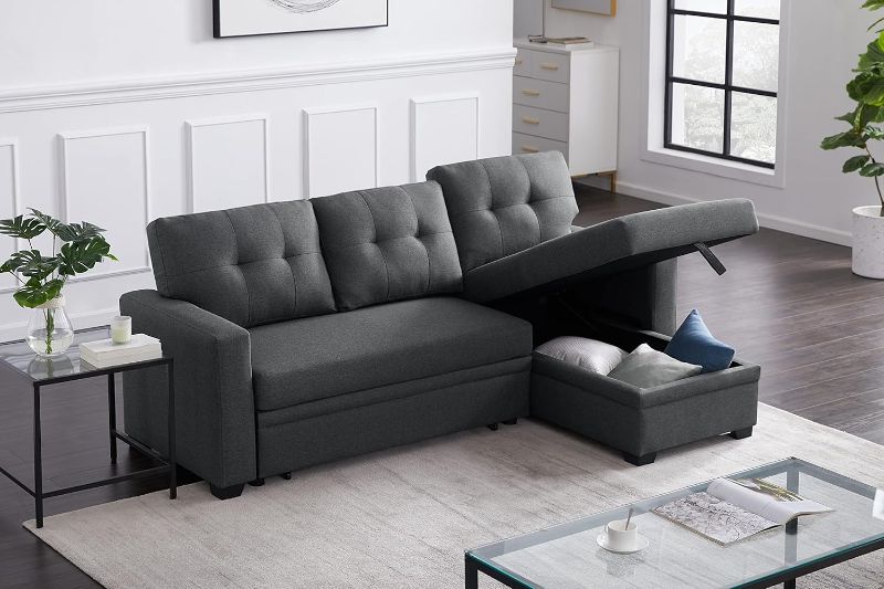 Photo 1 of * MISSING PARTS ONLY ONE SECTION* KELRIA L-Shape Reversible Linen Fabric Sleeper Sectional Sofa with Storage Chaise, Corner Couch with Arms for Living Room, Home Furniture, Apartment, Dorm, Bedroom, Dark Gray
