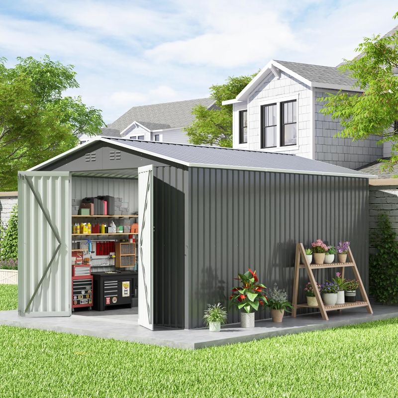 Photo 1 of 10x12 FT Outdoor Storage Shed, Large Metal Tool Sheds with Updated Frame Structure and Lockable Doors, Garden Shed for Backyard Garden Patio Lawn Grey