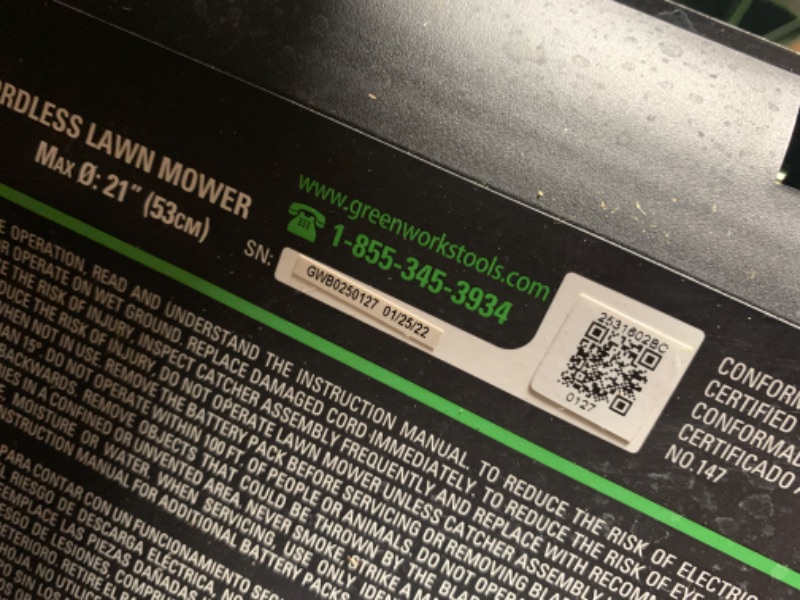 Photo 1 of ***SEE NOTES*** 
Greenworks 60V 21” Cordless (Push) Lawn Mower (LED Lights + Aluminum Handles), 5.0Ah Battery