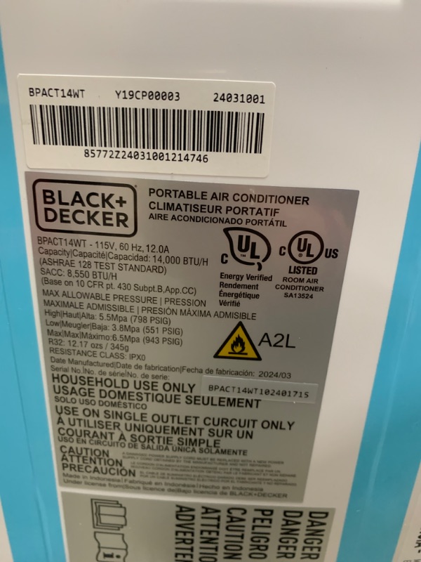 Photo 5 of ***USED - MISSING PARTS - SEE COMMENTS***
BLACK+DECKER Air Conditioner, 14,000 BTU Air Conditioner Portable for Room up to 700 Sq. Ft., 3-in-1 AC Unit, Dehumidifier, & Fan, Portable AC with Installation Kit & Remote Control White - 14,000 BTU 1 Count (Pac