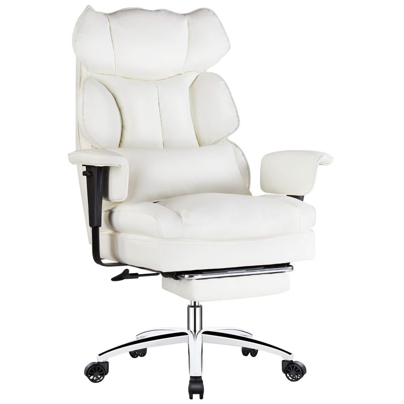 Photo 1 of * MISSING PARTS* Sweetcrispy Executive Home Office Desk Chair - Ergonomic Big and Tall High Back with Footrest & Lumbar Support, Reclining Height Adjustable PU Leather Computer Gaming with Swivel Wheels, White