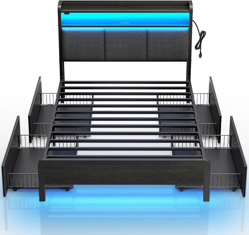 Photo 1 of Bed Frame with Charging Station and LED Lights, Upholstered Storage Headboard with Drawers, Heavy Duty Metal Slats, No Box Spring Needed, Noise Free, Easy Assembly