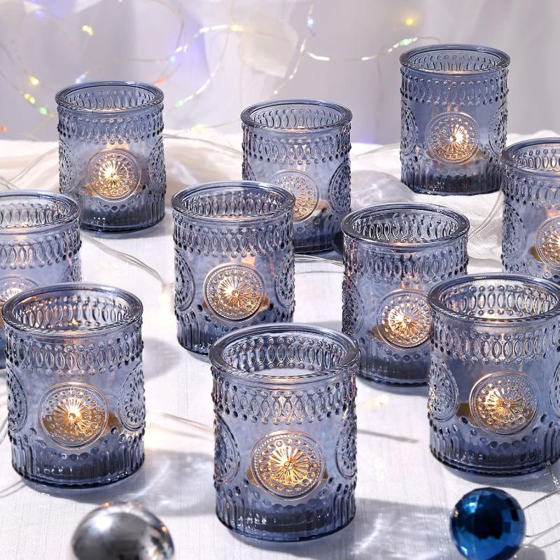 Photo 1 of (READ FULL POST) DEVI 24pcs Navy Blue Votive Candle Holders for Table Centerpieces, Blue Tealight Candle Holder for Bridal Shower Decorations, Boho Wedding Decorations for Home Party, Blue Sunflower Decor
