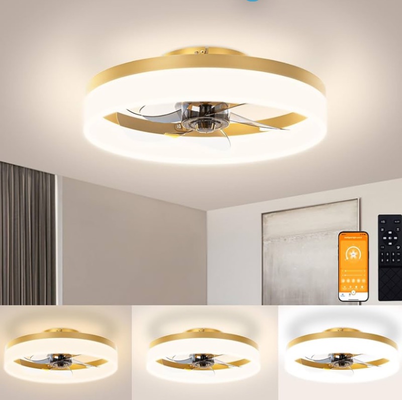 Photo 1 of ***SEE NOTES*** 
VOLISUN Low Profile Ceiling Fans with Lights and Remote,15.7in Modern Ceiling Fan Flush Mount, 3000K-6500K Dimmable Bladeless LED Fan Light,Gold Fandelier Ceiling Fans with Lights for Bedroom