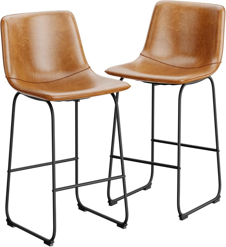 Photo 1 of Bar Stools Set of 2, Bar Height Stools with Back, Modern Faux Leather Bar Stools with Metal Legs and Footrest, Urban Armless Counter Stools for Kitchens Island (Brown)
