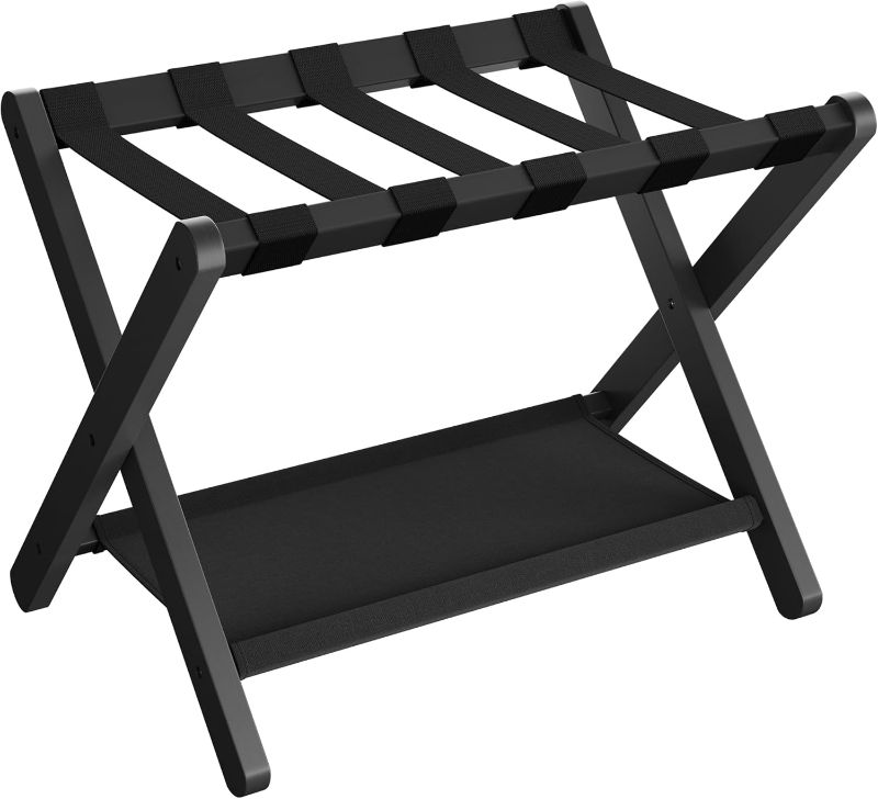 Photo 1 of **MAJOR DAMAGE TEAR IN STRAP**
SONGMICS Luggage Rack, Folding Suitcase Stand with Storage Shelf, for Guest Room, Hotel, Bedroom, Heavy-Duty, Holds up to 131 lb, Classic Black URLR007B01