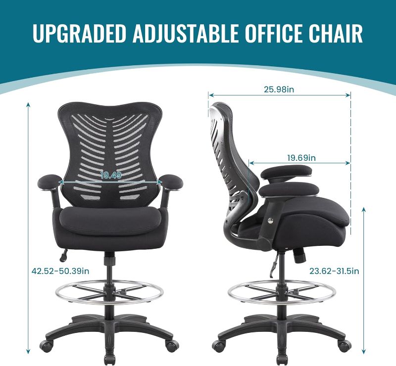 Photo 4 of **READ FULL POST** LONGBOSS Drafting Chair Mesh Computer Tall Office Chair, Standing Desk Stool with Lumbar Support, Double Seat Cushion,Height Adjustable Armrest and Adjustable Foot Ring-Black