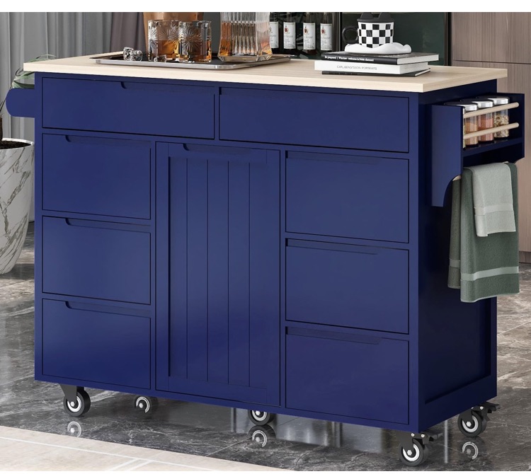 Photo 1 of 53 Inch Width/18.5 Inch Depth Kitchen Cart with Rubberwood Countertop on 5 Wheels, Rolling Kithcen Island with Storage Cabinet & 8 Handle-Free Drawers & Adjustable Shelf for Kitchen, Dark Blue