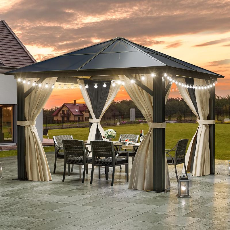 Photo 1 of 10x10 Polycarbonate Gazebo Hardtop Outdoor Canopy with Netting and Shaded Curtains, Aluminum Frame Garden Tent for Patio, Backyard, Deck and Lawns, Brown