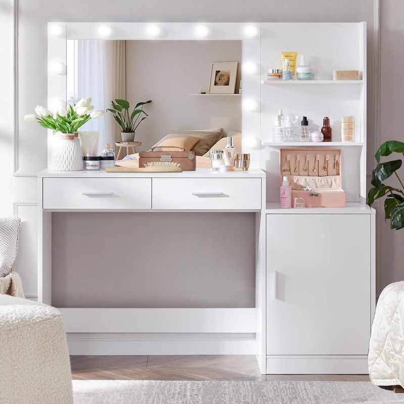 Photo 1 of 46.7IN Vanity Desk with Mirror and Lights, Dressing Table with 2 Large Drawer&Large Vertical Organizer, 3 Level Dresser & 3 Lighting Modes Adjustable Brightness, Suitable for Bedroom(white)