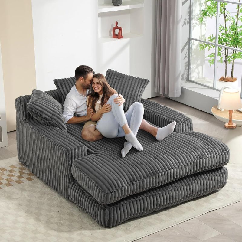 Photo 1 of ==similar-==Oversized Chaise Longue Chair Indoor, Modern 52.2-inch Upholstered Corduroy Deep Seat Sofa Bed with 3 Throw Pillows and Armrests, Sleeper Sofa Couch for Living Room, Bedroom Apartment, Grey