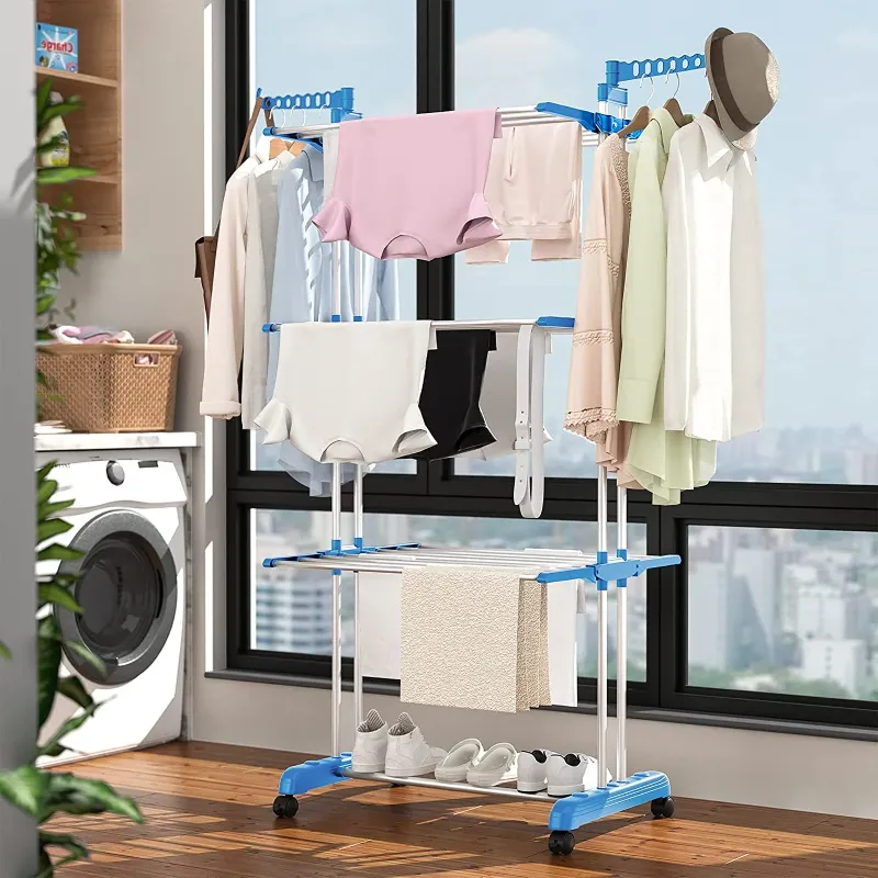 Photo 1 of CATGOOD Foldable 4-Tier Oversized Clothes Drying Rack, Blue