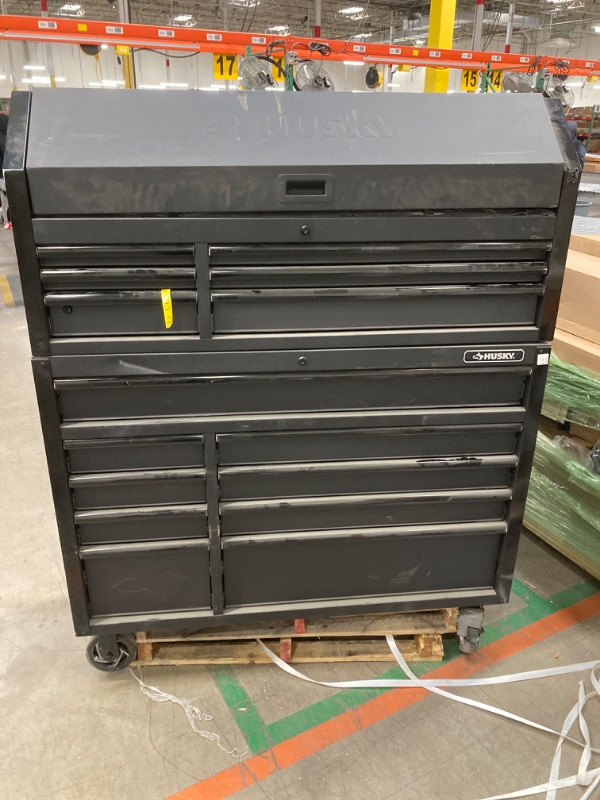 Photo 2 of **see notes**
Tool Storage 52 in. W x 20 in. D Heavy Duty Rolling Tool Chest Combo in Matte Black ***NOTE: (Multiple scuffs/scratches & dents throughout, some rust marks/paint chips, items is extremely dusty cleaning required)***
