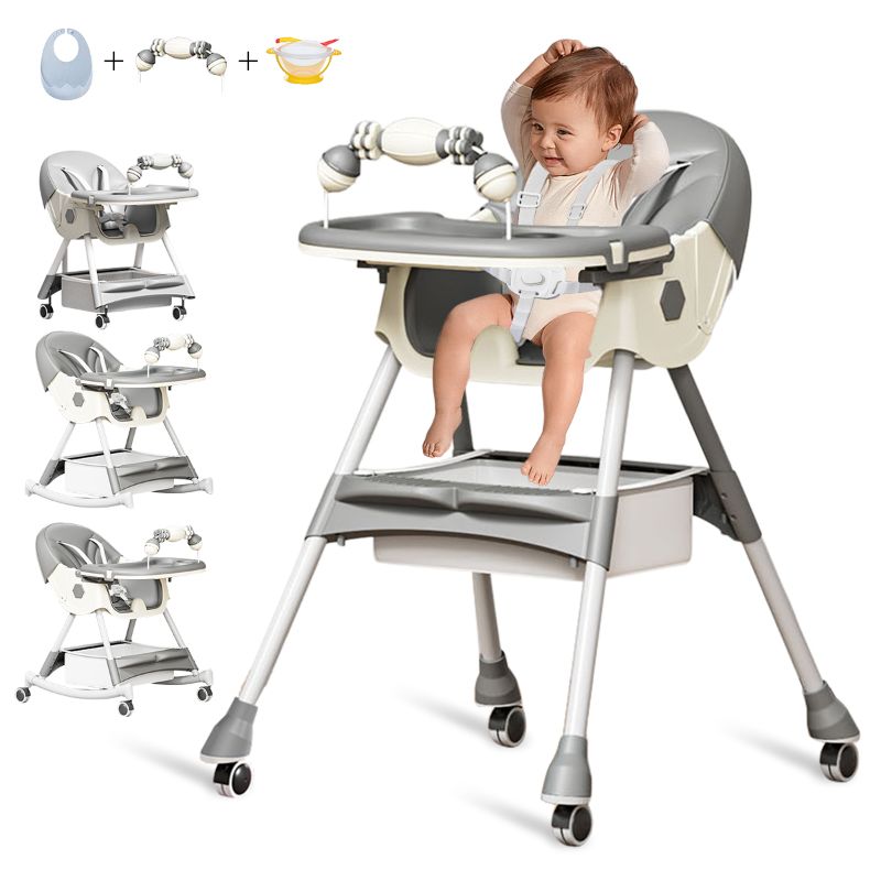 Photo 1 of 5-in-1 Highchair for Baby and Toddlers with Removable Tray, Wheels & Safety Belt, Gray