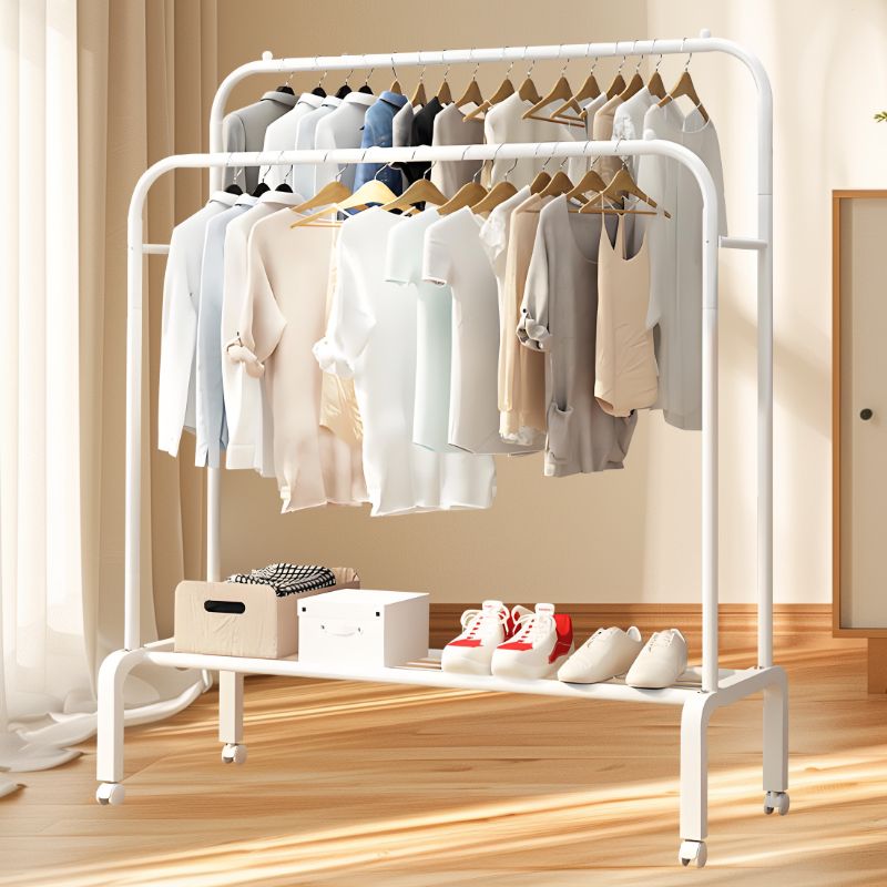 Photo 1 of ==similar==ALSO GO 3-In-1 Double Rod Clothes Rack with 4-Shelf, Metal Clothing Rack with Wheels & 4 Hooks, Portable Heavy Duty Garment Rack with Double Bottom Shelves, Freestanding Organizer for Bedroom, white