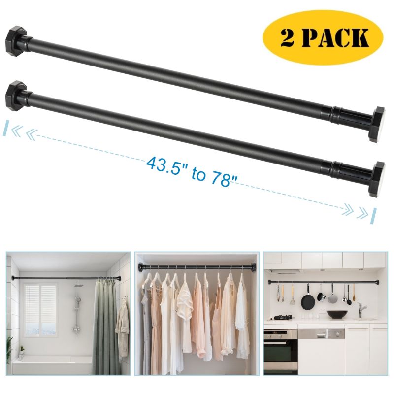 Photo 1 of 43.5"-78" Adjustable Tension Rod, Rust-Proof Hanging No Drilling Cabinet Wardrobe Closet Window Shower Curtain Rod, Black (2 Pack)