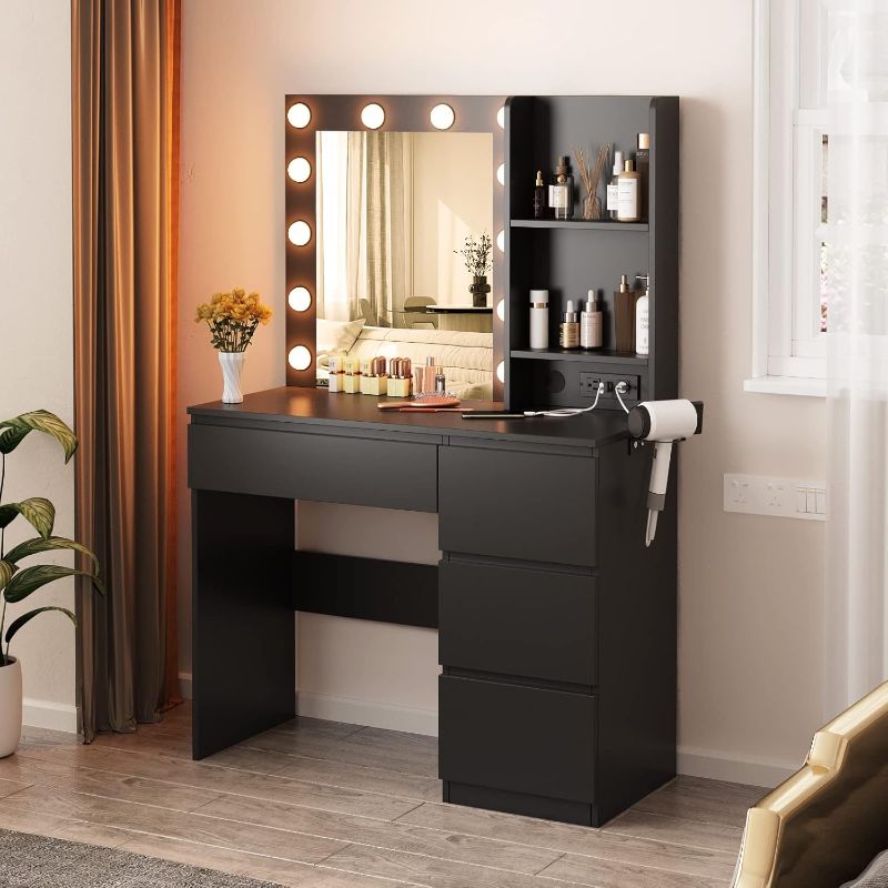 Photo 1 of ==similar==Makeup Vanity with Mirror and 3-Color Adjustable Lighting, 31.5-inch Dresser with Hair Dryer Place Holder, Bedroom and Powder Room Decorations (Black)