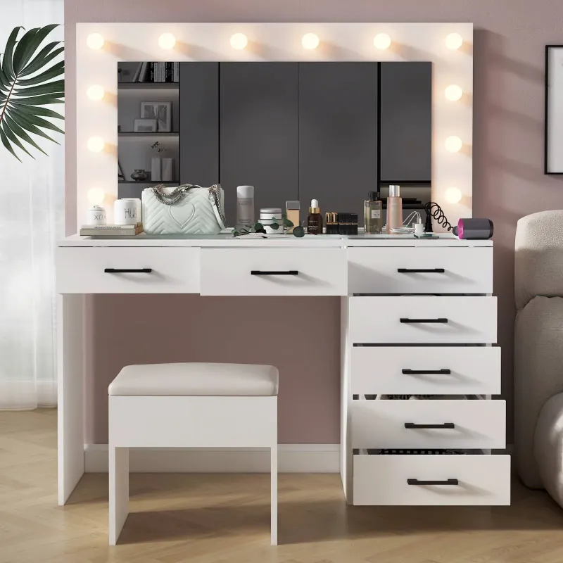 Photo 1 of **see notes**
Ktaxon Large Makeup Vanity with 7 Drawers, Vanity Desk with 3 Color Light, Vanity Table Set w/ Visible Glass Top and USB Charging Station, for Girls and Women, White
