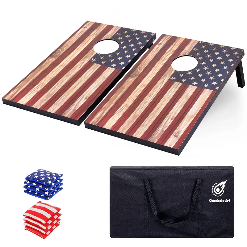 Photo 1 of Cometoss Classic Cornhole Set 3'x2' Outdoor Games- Includes 2 MDF Wood Boards 35.4x23.6 Inch,8 12 Ounce Corn Hole Bean Bag Cornhole Set. (America Flag)
