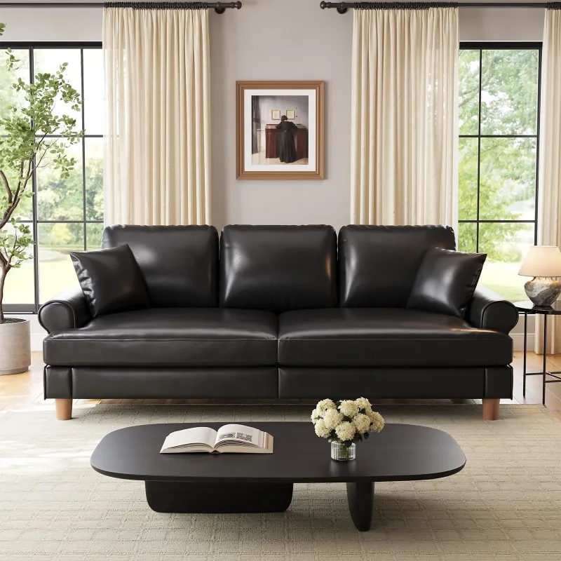 Photo 1 of ***MISSING PARTS -SELLING AS IS INCOMPLETE)*** 87" Couch Premium PU Leather Sofa, Comfy Extra Deep Seat 3 Seater Couch for Living Room, with 2 Pillows, Black