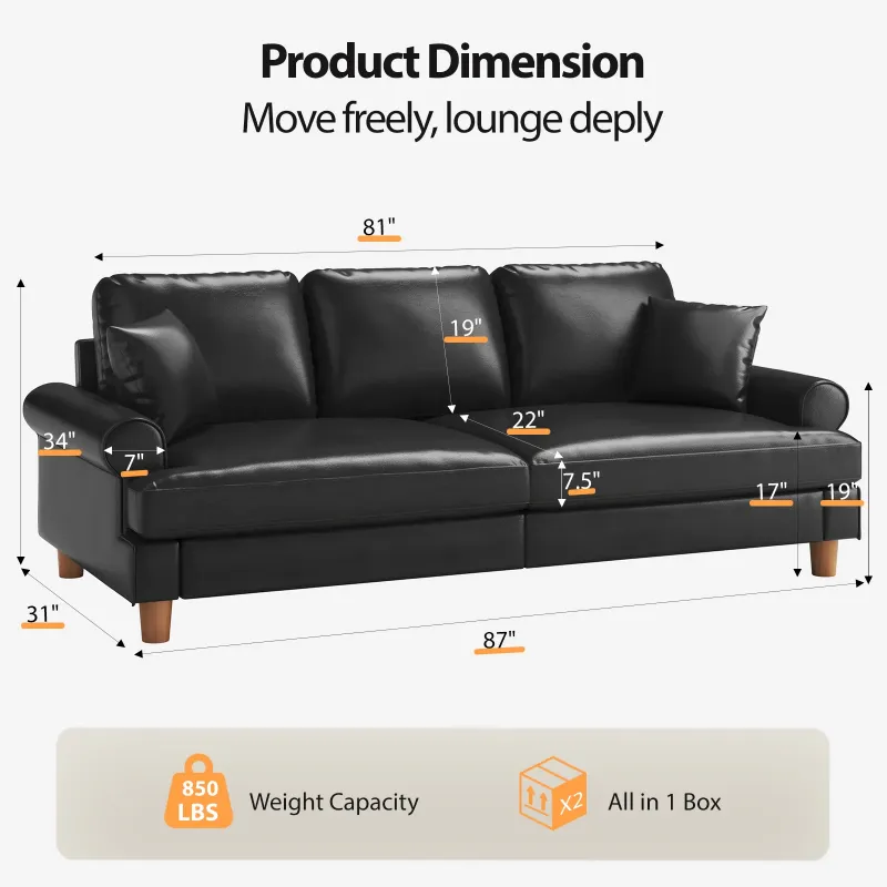Photo 1 of ***MISSING PARTS -SELLING AS IS INCOMPLETE)*** 87" Couch Premium PU Leather Sofa, Comfy Extra Deep Seat 3 Seater Couch for Living Room, with 2 Pillows, Black
