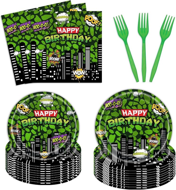 Photo 1 of **MISSING THE FORKS***96 Pcs Ninja Superhero Birthday Party Plates and Napkins Green Comics Cityscape Buildings Party Supplies Set Boy Kids Green Tortoise Birthday Party Decorations Serve 24 Guests Tableware