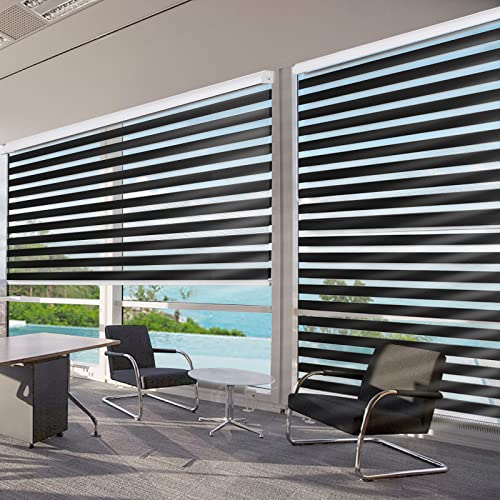 View 1 of **MISSING HARDWARE**Joydeco Black Sheer Zebra Cordless Blinds for Windows 70 Inch Wide,Privacy Light Filtering Dual Layer Roller Shades for Home Office Living Room, 70" W×75" H