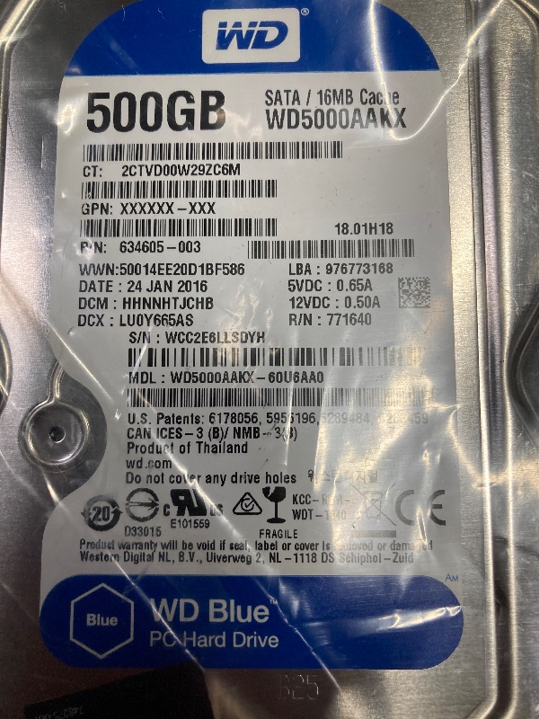 Photo 1 of ***NOT IN ORIGINAL PACKAGE***WD Blue 500GB Desktop Hard Disk Drive - 7200 RPM Class SATA 6Gb/s 32MB Cache 3.5 Inch - WD5000AZLX