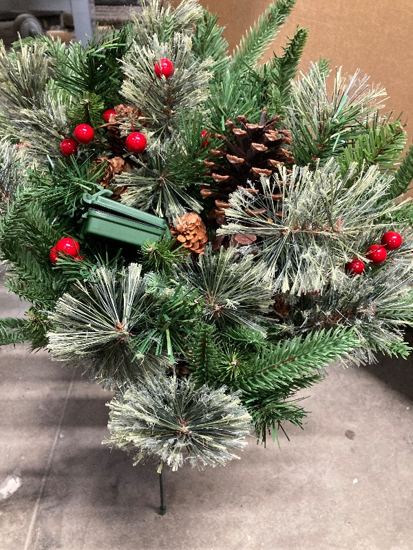Photo 1 of ***NO BOX***National Tree Company 18 in Pre-Lit Colonial Fir Artificial Christmas Urn Filler, Christmas Decoration with Pinecones, Red Berries, 35 Clear LED Lights, 167 Tips, Timer, Tripod Stake, Green