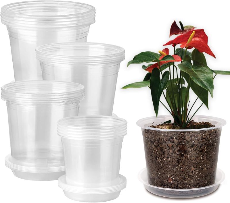 Photo 1 of **4 OF EACH SIZE AND NO BOTTOMS**RAOOKIF 7/6/5/4 Inch Clear Nursery Pots with Drainage Holes, 20 Pack Nursery Pots for Plants with Saucers, Durable Plastic Seedling Pot for Indoor and Outdoor Planting