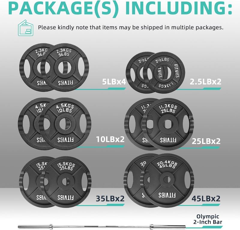Photo 1 of **MISSING BOXES/CONTAINS ONLY 2-10LB, 4-5LB, AND 2-2 1/2 LBS WEIGHTS/NO BAR****Fitvids Olympic 2-Inch Cast Iron Barbell Set, Including 255 Pounds Weight Plates Set with 7FT Olympic Bar (300 Pounds Total), Multiple Packages