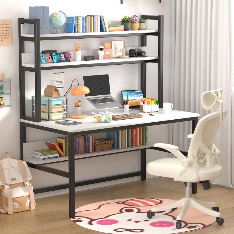 Photo 1 of Aquzee Desk with Hutch, 55inch Computer Desks with Shelves, 4 Tiers Gaming Desk with Large Wood Desktop, Metal Legs, Ideal for Storage Study Work Writing Homework, White