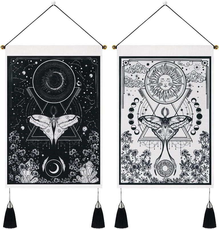 Photo 1 of ***DIFFERENT DESIGN THAN STOCK PHOTO***Lyacmy Pack of 2 Tapestry Sun and Moon Tapestry Moth Tapestries Black and White Tapestry Flower Vine Tapestry Wall Hanging for Room (13.8 x 19.7 inches)
