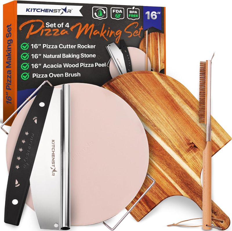 Photo 1 of 16" Pizza Making Kit (Set of 4 Tools) - Pizza Stone with SS Rack, Acacia Wood Pizza Peel, Stainless Steel Pizza Cutter Rocker w Protective Cover, Metal Brush w Scraper, Oven & Grill Accessories