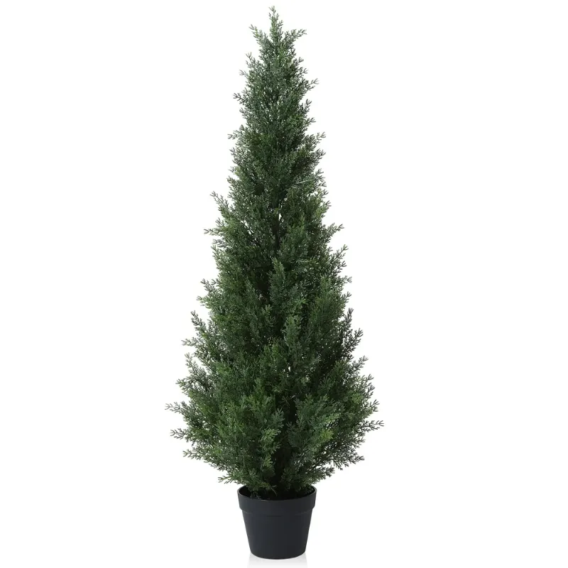 Photo 1 of Artificial Cedar Tree 4Ft Outdoor Artificial Topiary Cedar Plants Fake Tree UV Rated Potted Tree for Porch Decor Faux Pine Tree for Perfect Housewarming Gift 1 Pack